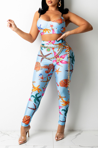 Blue Sexy Print Patchwork Spaghetti Strap Sleeveless Two Pieces