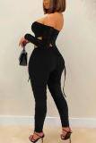 Black Sexy Solid Hollowed Out Patchwork Fold Asymmetrical Zipper Strapless Long Sleeve Two Pieces