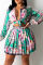 Green Sexy Print Patchwork Turndown Collar Long Sleeve Two Pieces