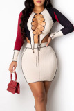 Brown Sexy Solid Bandage Patchwork Frenulum Asymmetrical O Neck Long Sleeve Two Pieces