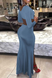 Blue Gray Sexy Solid Hollowed Out Patchwork Backless Slit O Neck Straight Dresses