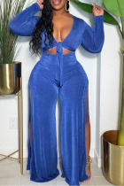 Blue Sexy Solid Bandage Hollowed Out Patchwork Slit V Neck Straight Jumpsuits