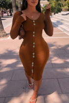 Brown Celebrities Solid Split Joint Buttons O Neck Long Sleeve Dresses