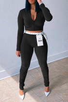 Black Sportswear Solid Patchwork Zipper Collar Long Sleeve Two Pieces (Without Belt)