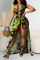Green Sexy Print Hollowed Out Spaghetti Strap Sleeveless Two Pieces