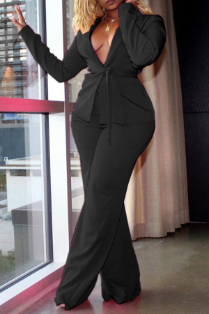 Black Casual Solid Patchwork Turndown Collar Long Sleeve Two Pieces