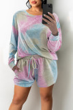 White Green Casual Print Tie Dye Split Joint O Neck Long Sleeve Two Pieces