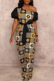 Yellow Sexy Print Patchwork One Shoulder Boot Cut Jumpsuits