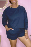 Dark Blue Fashion Casual Solid Basic O Neck Long Sleeve Two Pieces