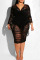 Black Sexy Print Split Joint See-through V Neck Pencil Skirt Dresses