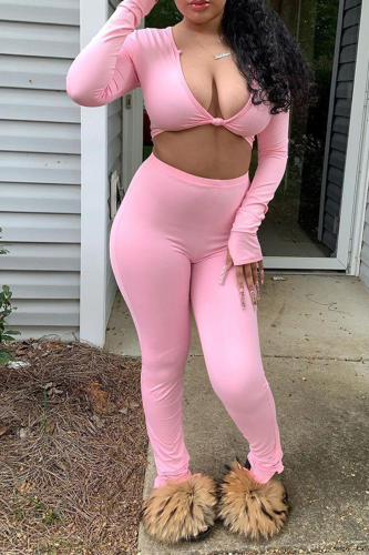 Pink Sexy Solid Patchwork V Neck Long Sleeve Two Pieces