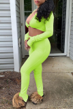 Fluorescent Green Sexy Solid Patchwork V Neck Long Sleeve Two Pieces