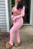 Pink Sexy Solid Patchwork V Neck Long Sleeve Two Pieces