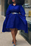 Blue Casual Solid Asymmetrical Shirt Collar A Line Plus Size Dresses（Without Belt）