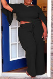 Black Casual Solid Slit O Neck Plus Size Two Pieces