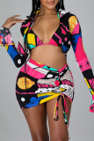 White Sexy Print Patchwork Halter Long Sleeve Two Pieces