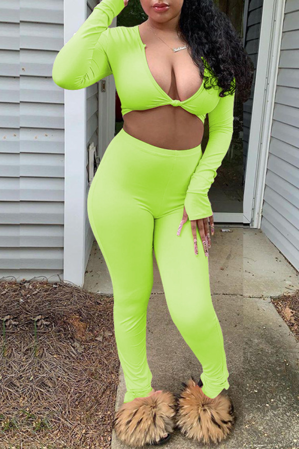 Fluorescent Green Sexy Solid Patchwork V Neck Long Sleeve Two Pieces