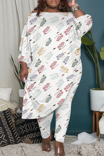White Fashion Casual Print Asymmetrical O Neck Long Sleeve Plus Size Two Pieces