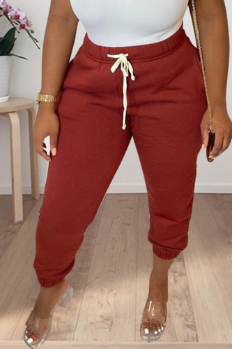 Burgundy Casual Solid Patchwork Harlan Mid Waist Harlan Solid Color Bottoms