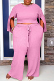 Pink Casual Solid Slit O Neck Plus Size Two Pieces