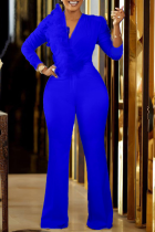 Blue Casual Solid Split Joint V Neck Boot Cut Jumpsuits
