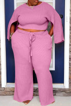 Pink Casual Solid Slit O Neck Plus Size Two Pieces