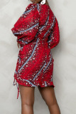 Red Casual Print Patchwork Draw String Flounce Fold Asymmetrical V Neck Long Sleeve Two Pieces