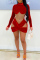Red Sexy Patchwork See-through Turtleneck Long Sleeve Dresses