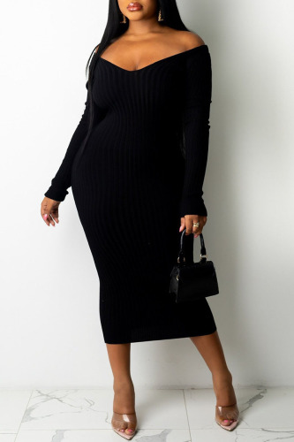 Black Casual Solid Patchwork V Neck Pencil Skirt Dresses