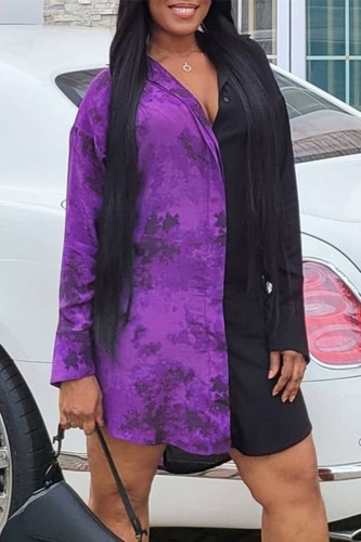 Black Fashion Casual Print Patchwork Turndown Collar Shirt Dress Dresses