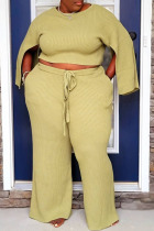 Yellow Casual Solid Slit O Neck Plus Size Two Pieces