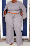 Grey Casual Solid Slit O Neck Plus Size Two Pieces