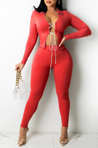 Red Fashion Casual Solid Bandage Turndown Collar Long Sleeve Two Pieces