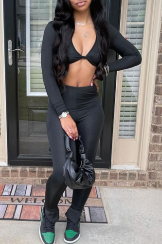 Black Sexy Solid Patchwork V Neck Long Sleeve Two Pieces