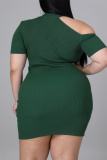 Black Sexy Casual Plus Size Solid Hollowed Out Slit O Neck Short Sleeve Dress