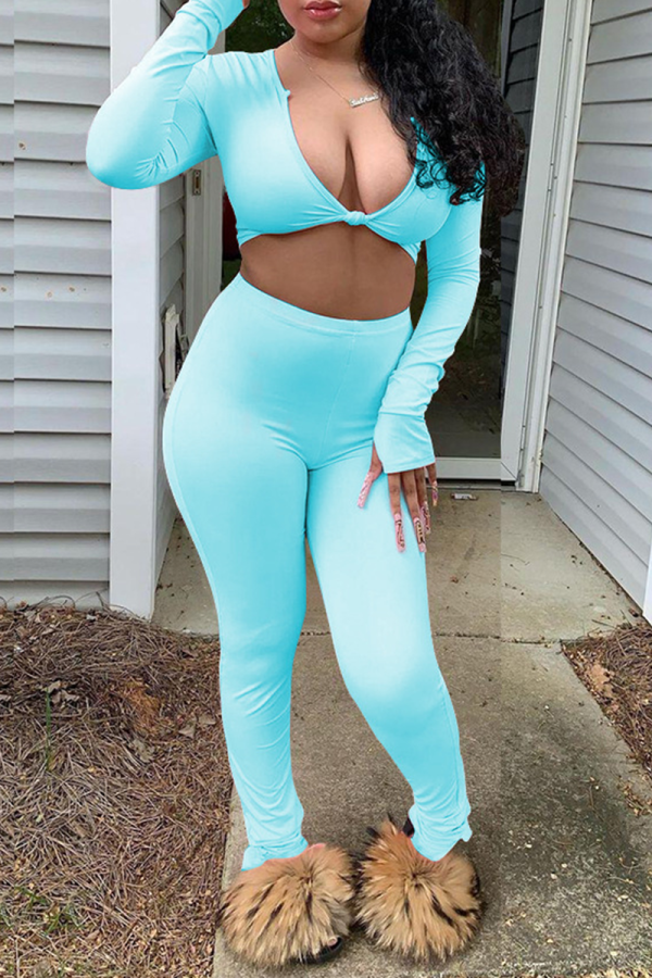Sky Blue Sexy Solid Patchwork V Neck Long Sleeve Two Pieces