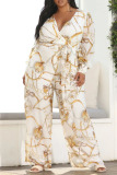 White Casual Print Bandage Patchwork With Belt V Neck Straight Jumpsuits