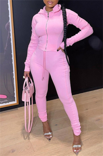 Pink Fashion Casual Solid Zipper Hooded Collar Long Sleeve Two Pieces