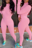 Pink Fashion Solid Zipper Turtleneck Skinny Jumpsuits