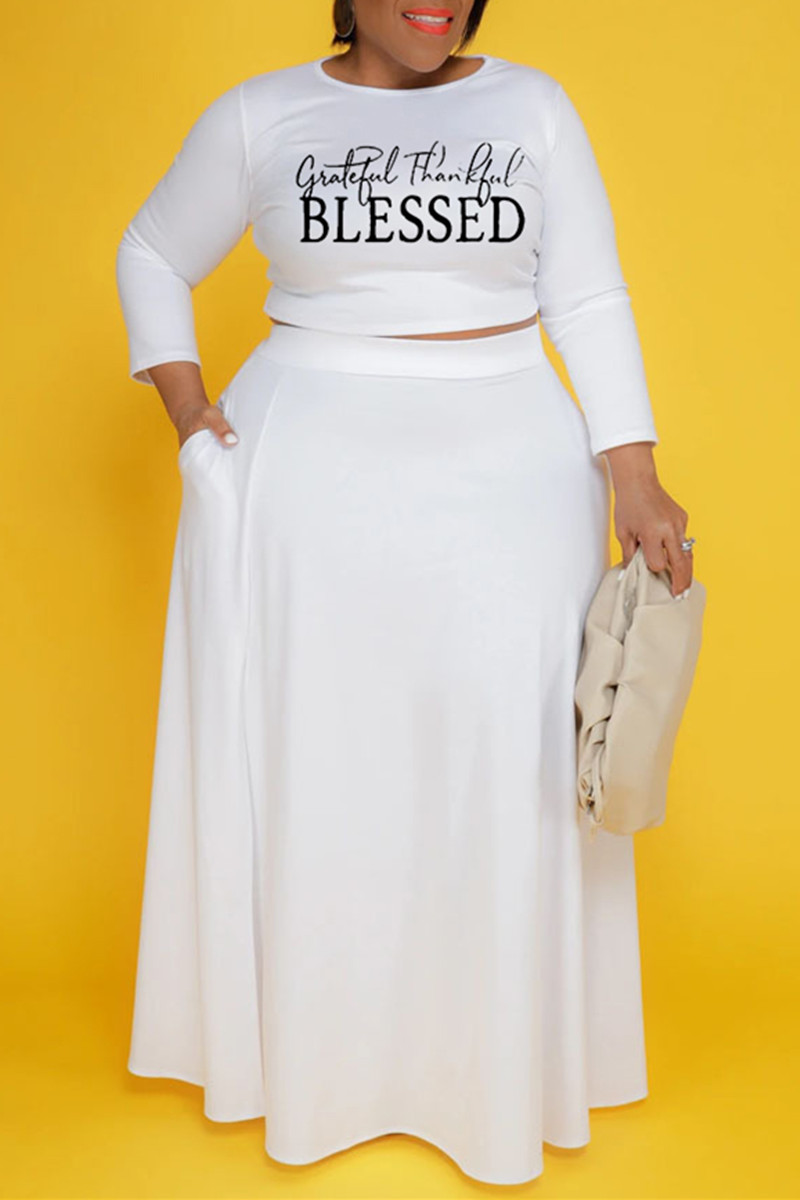 

White Fashion Casual Letter Print Slit O Neck Plus Size Two Pieces