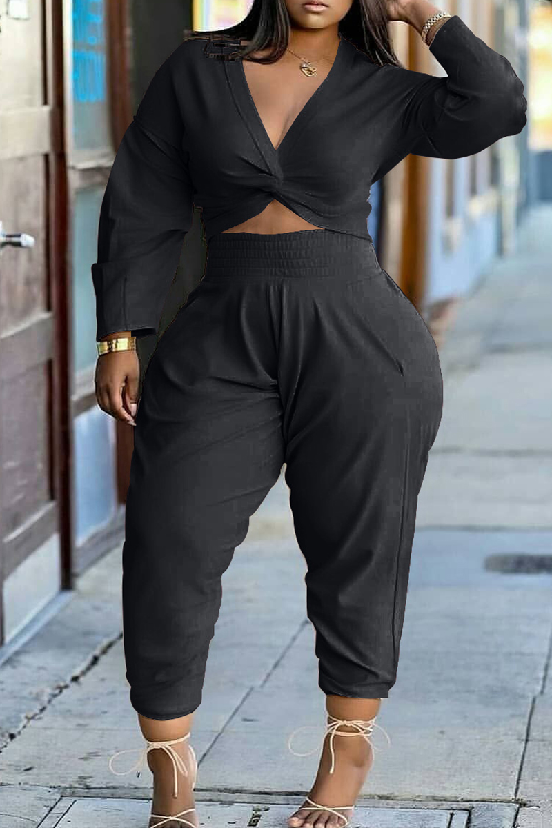 

Black Fashion Casual Solid Basic V Neck Plus Size Two Pieces
