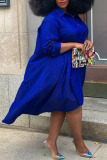 Blue Casual Solid Asymmetrical Shirt Collar A Line Plus Size Dresses（Without Belt）