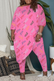 Pink Fashion Casual Print Asymmetrical O Neck Long Sleeve Plus Size Two Pieces