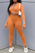 Orange Sexy Solid Patchwork V Neck Long Sleeve Two Pieces