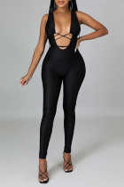 Black Sexy Casual Print Hollowed Out V Neck Skinny Jumpsuits