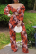 Tangerine Red Sexy Print Split Joint V Neck Boot Cut Jumpsuits
