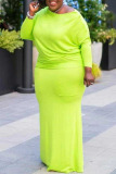 Fluorescent Green Sexy Solid Patchwork O Neck One Step Skirt Plus Size Dresses