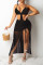 Black Sexy Solid See-through Backless Spaghetti Strap Sleeveless Two Pieces