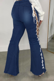 Blue Sexy Solid Patchwork Mid Waist Boot Cut Denim Jeans