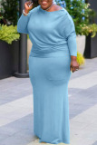 Light Blue Sexy Solid Patchwork O Neck One Step Skirt Plus Size Dresses